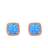 Halo Princess Cut Stud Earrings Created Opal 925 Sterling Silver