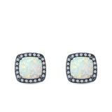 Halo Princess Cut Stud Earrings Created Opal 925 Sterling Silver
