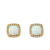 Halo Princess Cut Stud Earrings Created Opal 925 Sterling Silver