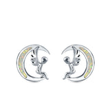 Moon & Angel Stud Earrings Lab Created Opal 925 Sterling Silver (10.5mm)
