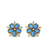 Flower Stud Earrings Lab Created Opal Simulated CZ 925 Sterling Silver (9mm)