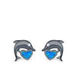 Dolphin Heart Stud Earrings Simulated CZ Lab Created Opal 925 Sterling Silver (7mm)