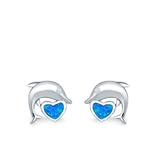 Dolphin Heart Stud Earrings Simulated CZ Lab Created Opal 925 Sterling Silver (7mm)