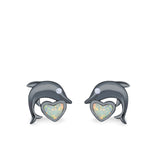 Dolphin Heart Stud Earrings Simulated CZ Lab Created Opal 925 Sterling Silver (7mm)