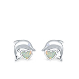 Dolphin Heart Stud Earrings Simulated CZ Lab Created Opal 925 Sterling Silver (7mm)