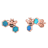 Lucky Honey Bee Print Stud Earring Created Opal Solid 925 Sterling Silver (8.7mm)