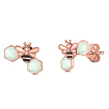 Lucky Honey Bee Print Stud Earring Created Opal Solid 925 Sterling Silver (8.7mm)