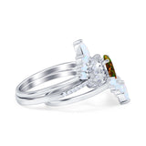 Three Piece Set Oval Lab White Opal Teardrop Art Deco Wedding Ring Vintage Band Simulated Cubic Zirconia Solid 925 Sterling Silver