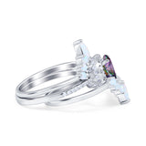 Three Piece Set Oval Lab White Opal Teardrop Art Deco Wedding Ring Vintage Band Simulated Cubic Zirconia Solid 925 Sterling Silver