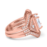 Princess Cut Vintage Art Deco Three Piece Bridal Set Wedding Ring Band Round Simulated Cubic Zirconia 925 Sterling Silver
