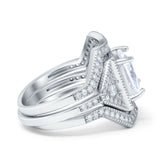 Princess Cut Vintage Art Deco Three Piece Bridal Set Wedding Ring Band Round Simulated Cubic Zirconia 925 Sterling Silver