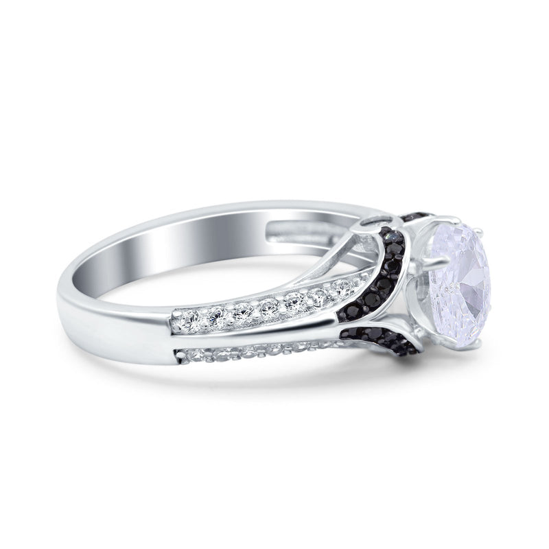 Art Deco Oval Engagement Ring Black Simulated Cubic Zirconia 925 Sterling Silver