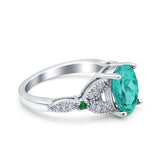 Oval Green Emerald Art Deco Wedding Engagement Bridal Ring Accent Vintage Round Simulated Cubic Zirconia 925 Sterling Silver