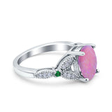 Oval Green Emerald Art Deco Wedding Engagement Bridal Ring Accent Vintage Round Simulated Cubic Zirconia 925 Sterling Silver