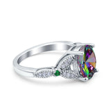 Oval Green Emerald Art Deco Wedding Engagement Bridal Ring Accent Vintage Round Simulated Cubic Zirconia 925 Sterling Silver
