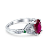 Oval Green Emerald Art Deco Wedding Engagement Bridal Ring Accent Vintage Round Simulated Cubic Zirconia 925 Sterling Silver