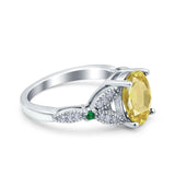 Oval Green Emerald Art Deco Wedding Engagement Bridal Ring Accent Vintage Round Simulated Cubic Zirconia 925 Sterling Silver