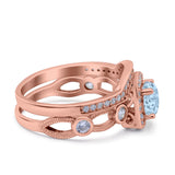 Two Piece Art Deco Wedding Engagement Bridal Set Ring Band Round Simulated Cubic Zirconia 925 Sterling Silver