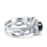 Two Piece Art Deco Wedding Engagement Bridal Set Ring Band Round Simulated Cubic Zirconia 925 Sterling Silver