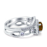 Two Piece Art Deco Wedding Engagement Bridal Set Ring Band Round Simulated Cubic Zirconia 925 Sterling Silver
