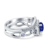 Two Piece Art Deco Wedding Engagement Bridal Set Ring Band Round Simulated Cubic Zirconia 925 Sterling Silver