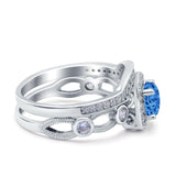 Two Piece Art Deco Wedding Engagement Bridal Set Ring Band Round Simulated Cubic Zirconia 925 Sterling Silver