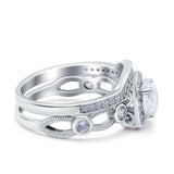 Two Piece Art Deco Wedding Engagement Bridal Set Ring Band Round Simulated Cubic Zirconia 925 Sterling Silver