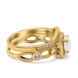 Two Piece Art Deco Wedding Engagement Bridal Set Ring Band Round Simulated Cubic Zirconia 925 Sterling Silver