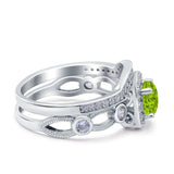 Two Piece Art Deco Wedding Engagement Bridal Set Ring Band Round Simulated Cubic Zirconia 925 Sterling Silver