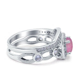 Two Piece Art Deco Wedding Engagement Bridal Set Ring Band Round Simulated Cubic Zirconia 925 Sterling Silver