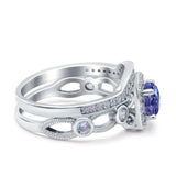 Two Piece Art Deco Wedding Engagement Bridal Set Ring Band Round Simulated Cubic Zirconia 925 Sterling Silver