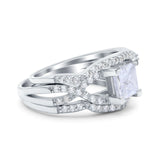 Three Piece Infinity Shank Cushion Cut Art Deco Halo Engagement Ring Round Simulated Cubic Zirconia 925 Sterling Silver