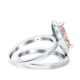 Two Piece Halo Marquise Art Deco Wedding Engagement Bridal Ring Round Simulated Cubic Zirconia 925 Sterling Silver