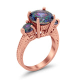 Three Stone Ring Round Simulated Rainbow Cubic Zirconia 925 Sterling Silver