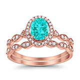 Halo Oval Bridal Wedding Set Ring Art Deco Oval Round Cubic Zirconia Solid 925 Sterling Silver Choose Color Size 4 to 12