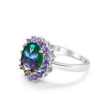 Halo Ring Simulated Purple Amethyst Oval Cubic Zirconia 925 Sterling Silver