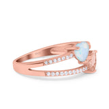 Heart Promise Ring Double Heart Created White Opal Round Simulated Cubic Zirconia 925 Sterling Silver