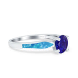Solitaire Accent Engagement Ring Created Blue Opal Round Simulated Cubic Zirconia 925 Sterling Silver
