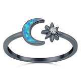 Moon & Star Ring Lab Created Opal Simulated Cubic Zirconia 925 Sterling Silver