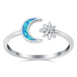 Moon & Star Ring Lab Created Opal Simulated Cubic Zirconia 925 Sterling Silver