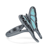 Solitaire Butterfly Ring Band Oxidized Simulated Turquoise CZ 925 Sterling Silver