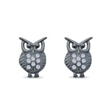 Lucky Owl Stud Earrings Round Pave Simulated CZ 925 Sterling Silver