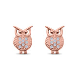 Lucky Owl Stud Earrings Round Pave Simulated CZ 925 Sterling Silver
