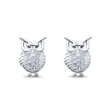 Lucky Owl Stud Earrings Round Pave Simulated CZ 925 Sterling Silver
