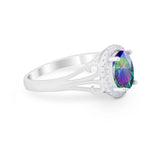 Halo Filigree Oval Wedding Ring Round Simulated Cubic Zirconia 925 Sterling Silver