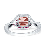Halo Cushion Infinity Twist Side Stone Simulated Ruby CZ Engagement Ring Cubic Zirconia 925 Sterling Silver