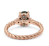 Hidden Halo Twisted Rope Oval Natural Green Moss Agate Engagement Ring