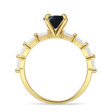 Solitaire Baguette Round Natural Black Onyx Engagement Ring 925 Sterling Silver