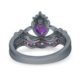 Claddagh Accent Heart Wedding Engagement Bridal Set Piece Ring Band Round Ruby Simulated Cubic Zirconia 925 Sterling Silver