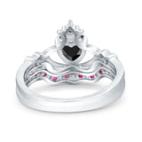 Claddagh Accent Heart Wedding Engagement Bridal Set Piece Ring Band Round Ruby Simulated Cubic Zirconia 925 Sterling Silver